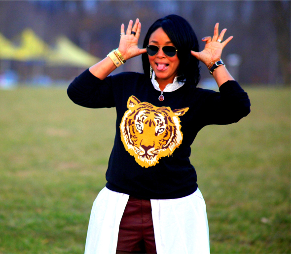My style: ASOS Tiger sweater, oxblood leather shorts, Levity Jalone Cheetah Pumps, Ippolita Sterling Silver Wonderland Red Teardrop Pendant in Scarlet, Ray Ban aviators