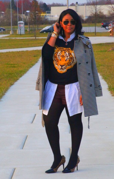 My style: LOFT Corded Dobby Striped Trench, ASOS Tiger sweater, oxblood leather shorts, Levity Jalone Cheetah Pumps, Ippolita Sterling Silver Wonderland Red Teardrop Pendant in Scarlet, Ray Ban aviators