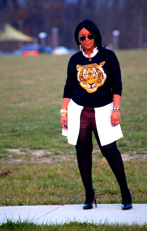 My style: ASOS Tiger sweater, oxblood leather shorts, Levity Jalone Cheetah Pumps, Ippolita Sterling Silver Wonderland Red Teardrop Pendant in Scarlet, Ray Ban aviators
