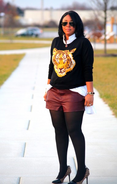 My style: ASOS Tiger sweater, oxblood leather shorts, Levity Jalone Cheetah Pumps, Ippolita Sterling Silver Wonderland Red Teardrop Pendant in Scarlet, Ray Ban aviators