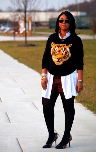 My style: ASOS Tiger sweater, oxblood leather shorts, Levity Jalone Cheetah Pumps, Ippolita Sterling Silver Wonderland Red Teardrop Pendant in Scarlet, Ray Ban aviators