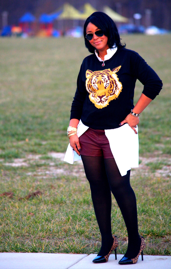 My style: ASOS Tiger sweater, oxblood leather shorts, Levity Jalone Cheetah Pumps, Ippolita Sterling Silver Wonderland Red Teardrop Pendant in Scarlet, Ray Ban aviators