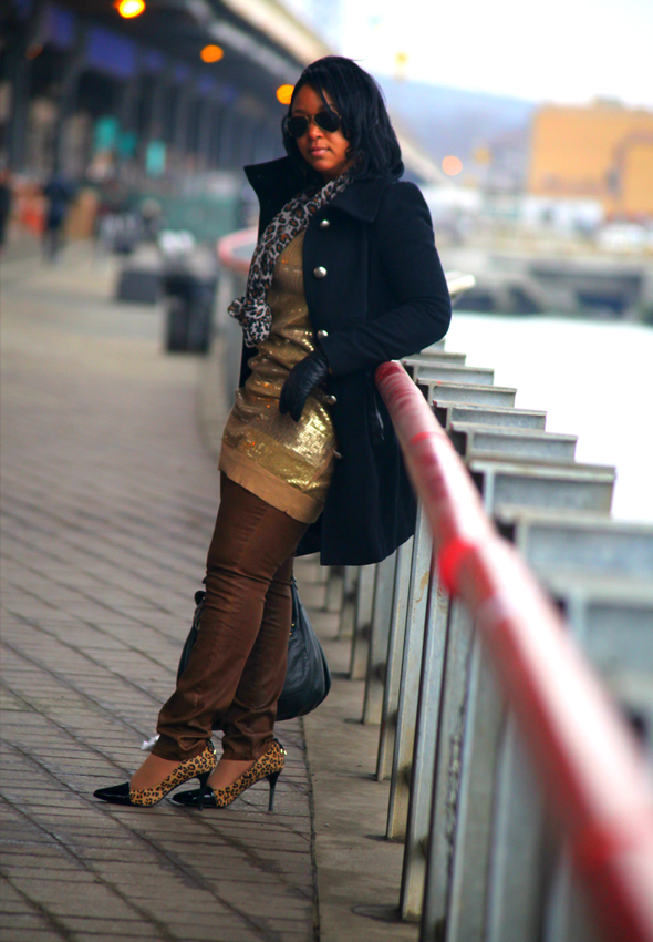 My style: Day sequins (MICHAEL Michael Kors sequin dress, Not Your Daughter's Jeans NYDJ 'Sheri' Coated Skinny Jeans Womens Terra Tan, Mackage coat, Hayden Harnett, Levity pumps)