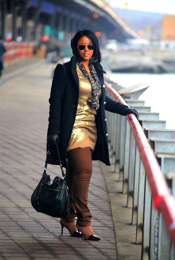 My style: Day sequins (MICHAEL Michael Kors sequin dress, Not Your Daughter's Jeans NYDJ 'Sheri' Coated Skinny Jeans Womens Terra Tan, Mackage coat, Hayden Harnett, Levity pumps)