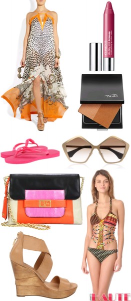 What to Wear to Art Basel: Roberto Cavalli Printed silk-georgette maxi dress, Clinique 'Chubby Stick - Intense' Moisturizing Lip Color Balm, Trish McEvoy Dual Resort Bronzer, Miu Miu Pentagon-frame metal sunglasses, Agua Bendita Bendito '80s One Piece Swimsuit, Diane Von Furstenberg Opal wedges, Diane von Furstenberg Mimosa Colorblock Convertible Clutch, Havaianas Top Flip Flops