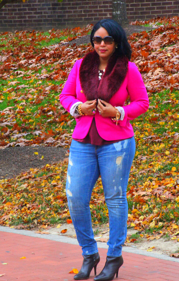 My style: Fall colors - J. Crew Collection crepe shawl blazer in hot pink, Topshop peplum top, H&M fur scarf, Vince ripped skinny jeans, Via Spiga booties)