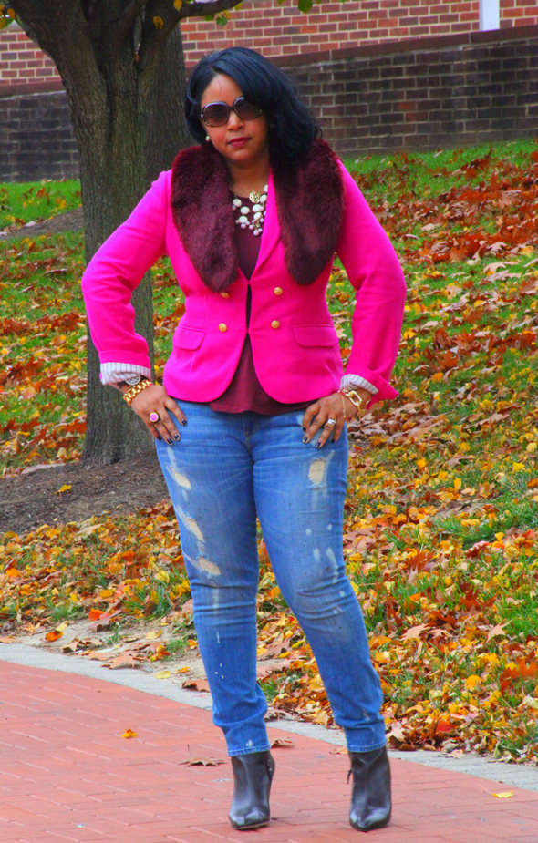 My style: Fall colors - J. Crew Collection crepe shawl blazer in hot pink, Topshop peplum top, H&M fur scarf, Vince ripped skinny jeans, Via Spiga booties)