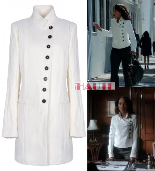 Kerry Washington as Olivia Pope on Scandal in Ann Demeulemeester white mid-length jacket