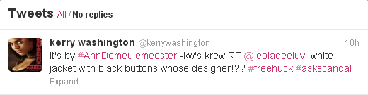 Kerry Washington tweets about white jacket on Scandal: "It's by Ann Demeulemeester"