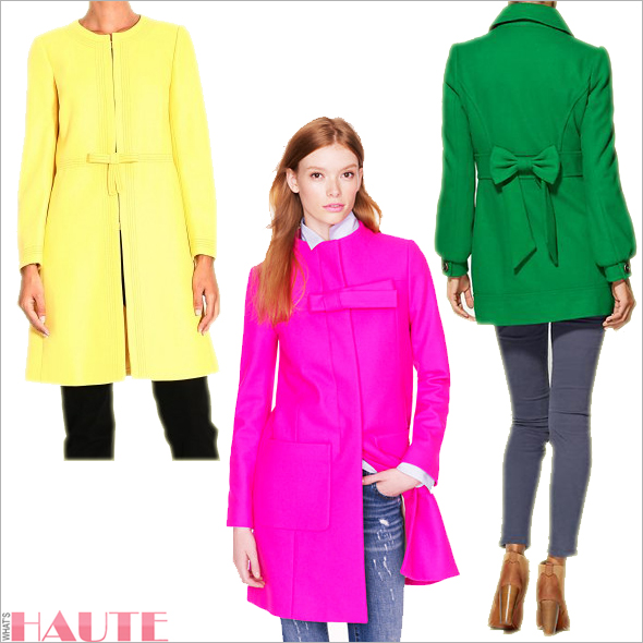 Valentino Bow Coat in yellow, J. Crew Bow Coat in hot pink, Tulle Double Breasted Cocoon Coat in green