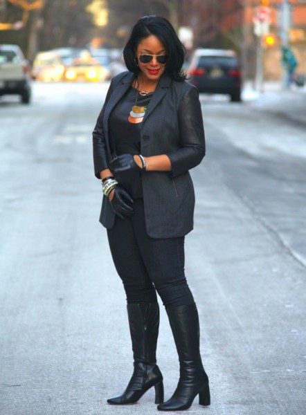 My style: Back to black (Ecru blazer with leather sleeves, faux leather peplum top, Black Orchid jeans, Jean-Michel Cazabat Raiza Banana Heel Boots, H&M leather moto gloves, Ray-Ban aviator sunglasses, Jules Smith Kiss Kiss Rose Gold Necklace, Triple Hammered-Plate Necklace)