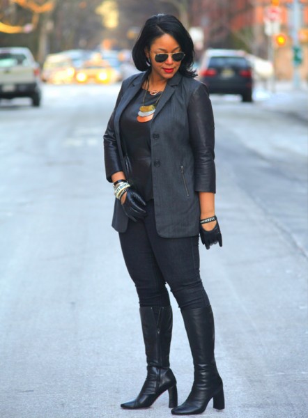 My style: Back to black (Ecru blazer with leather sleeves, faux leather peplum top, Black Orchid jeans, Jean-Michel Cazabat Raiza Banana Heel Boots, H&M leather moto gloves, Ray-Ban aviator sunglasses, Jules Smith Kiss Kiss Rose Gold Necklace, Triple Hammered-Plate Necklace)