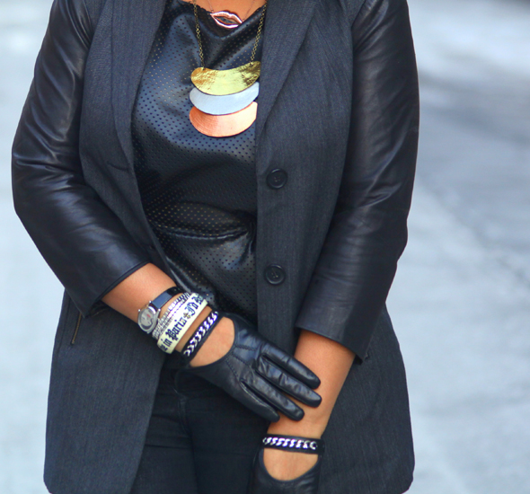 My style: Back to black (Ecru blazer with leather sleeves, faux leather peplum top, Black Orchid jeans, Jean-Michel Cazabat Raiza Banana Heel Boots, H&M leather moto gloves, Ray-Ban aviator sunglasses, Jules Smith Kiss Kiss Rose Gold Necklace, Triple Hammered-Plate Necklace)