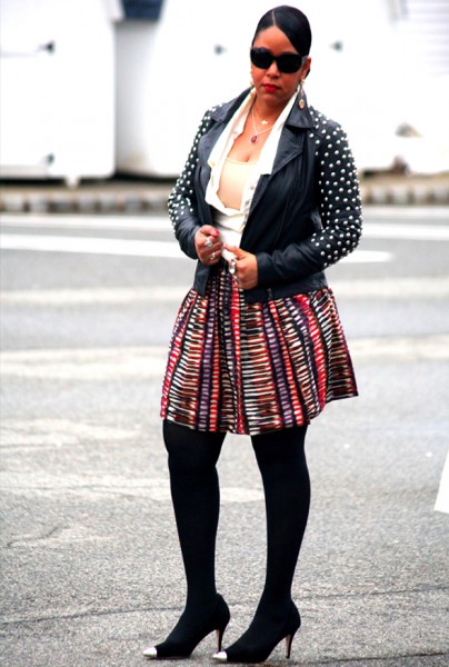 My style: mixed metals & prints (ASOS Blue Valley Heavy Stud Biker Jacket, Wren Festive Printed A-Line Skirt, Ippolita Teardrop pendant necklace, Covet blouse, Alexander Wang Claudia Zip Grommet Hobo, Corso Como Penley Metal Cap Toe Pumps)