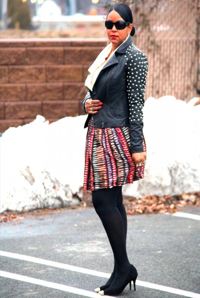 My style: mixed metals & prints (ASOS Blue Valley Heavy Stud Biker Jacket, Wren Festive Printed A-Line Skirt, Ippolita Teardrop pendant necklace, Covet blouse, Alexander Wang Claudia Zip Grommet Hobo, Corso Como Penley Metal Cap Toe Pumps)