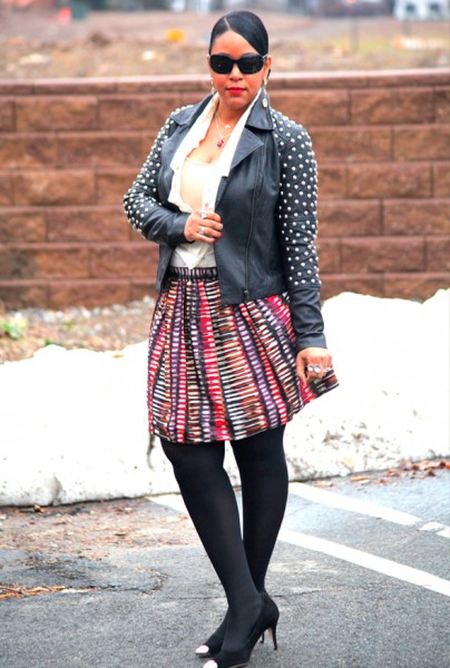 My style: mixed metals & prints (ASOS Blue Valley Heavy Stud Biker Jacket, Wren Festive Printed A-Line Skirt, Ippolita Teardrop pendant necklace, Covet blouse, Alexander Wang Claudia Zip Grommet Hobo, Corso Como Penley Metal Cap Toe Pumps)