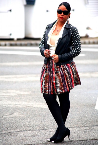 My style: mixed metals & prints (ASOS Blue Valley Heavy Stud Biker Jacket, Wren Festive Printed A-Line Skirt, Ippolita Teardrop pendant necklace, Covet blouse, Alexander Wang Claudia Zip Grommet Hobo, Corso Como Penley Metal Cap Toe Pumps)