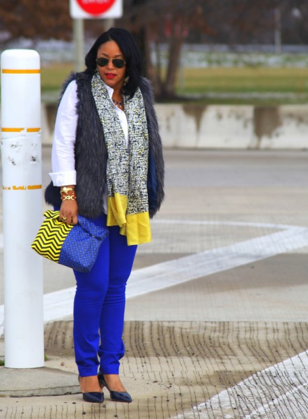 My style: Ray-Ban aviator sunglasses, Faux fur vest, Gap oxford shirt, H&M blue pencil pants, ASOS chevron Print Clash Roll Top clutch, J. Crew pave heart bracelet, Ann Taylor Scribble Silk scarf, Zara Pointed toe d'Orsay pumps