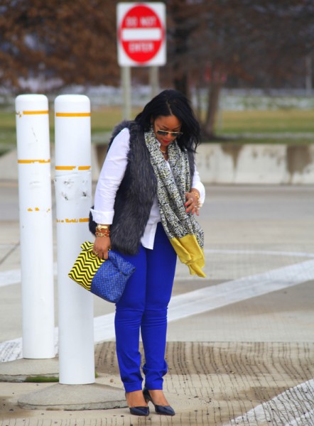 My style: Ray-Ban aviator sunglasses, Faux fur vest, Gap oxford shirt, H&M blue pencil pants, ASOS chevron Print Clash Roll Top clutch, J. Crew pave heart bracelet, Ann Taylor Scribble Silk scarf, Zara Pointed toe d'Orsay pumps