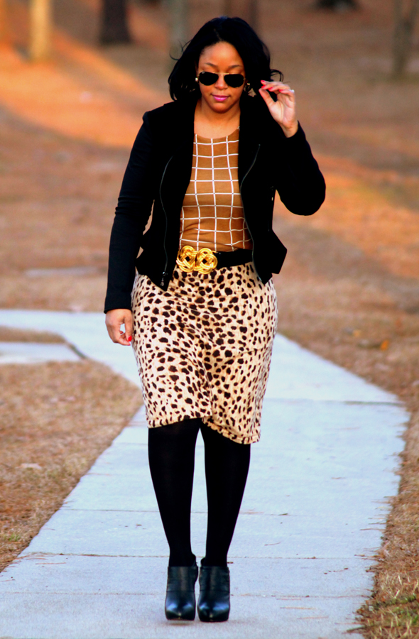 My style - In the woods (Forever 21 grid print top, cheetah print skirt, Tahari velvet moto jacket, Max Studio booties)