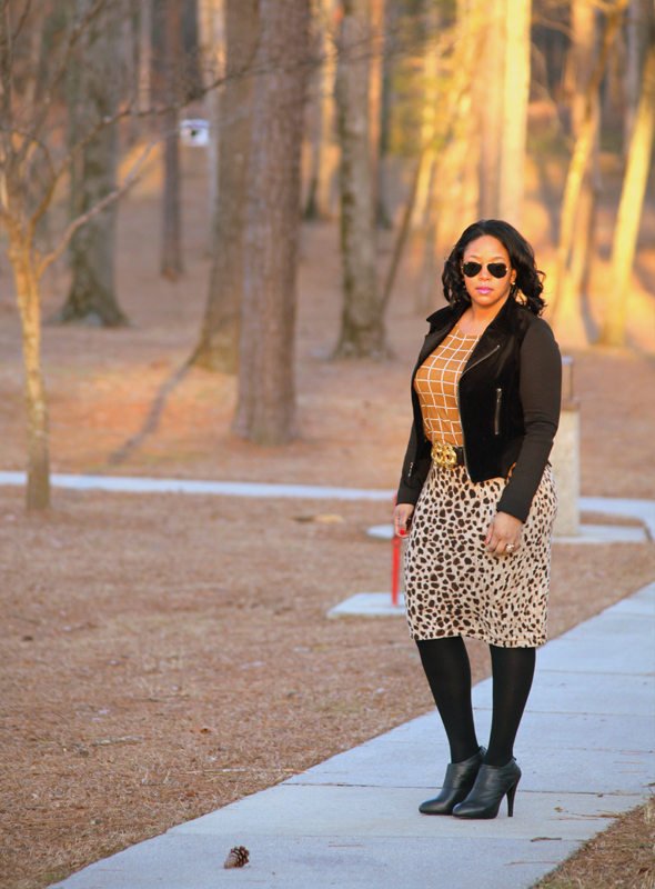 My style - In the woods (Forever 21 grid print top, cheetah print skirt, Tahari velvet moto jacket, Max Studio booties)