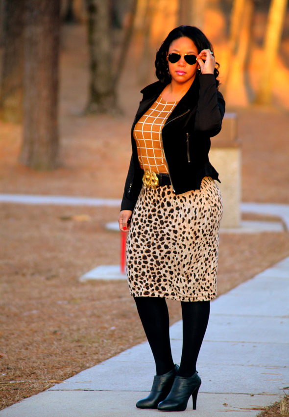 My style - In the woods (Forever 21 grid print top, cheetah print skirt, Tahari velvet moto jacket, Max Studio booties)