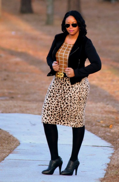 My style - In the woods (Forever 21 grid print top, cheetah print skirt, Tahari velvet moto jacket, Max Studio booties)