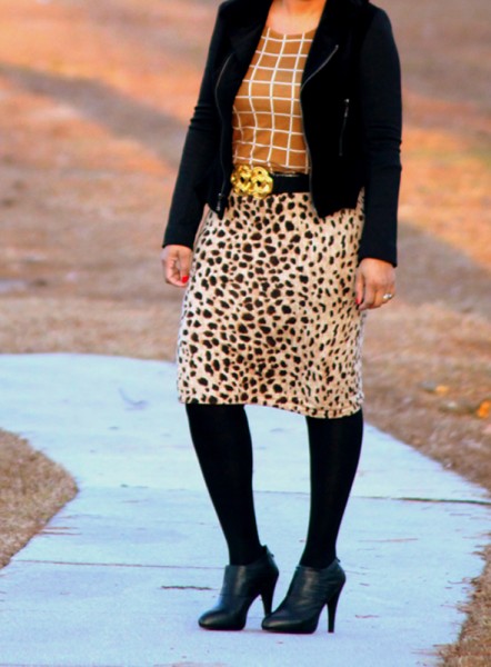 My style - In the woods (Forever 21 grid print top, cheetah print skirt, Tahari velvet moto jacket, Max Studio booties)