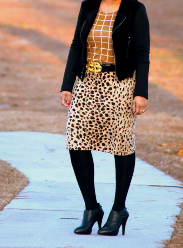 My style - In the woods (Forever 21 grid print top, cheetah print skirt, Tahari velvet moto jacket, Max Studio booties)
