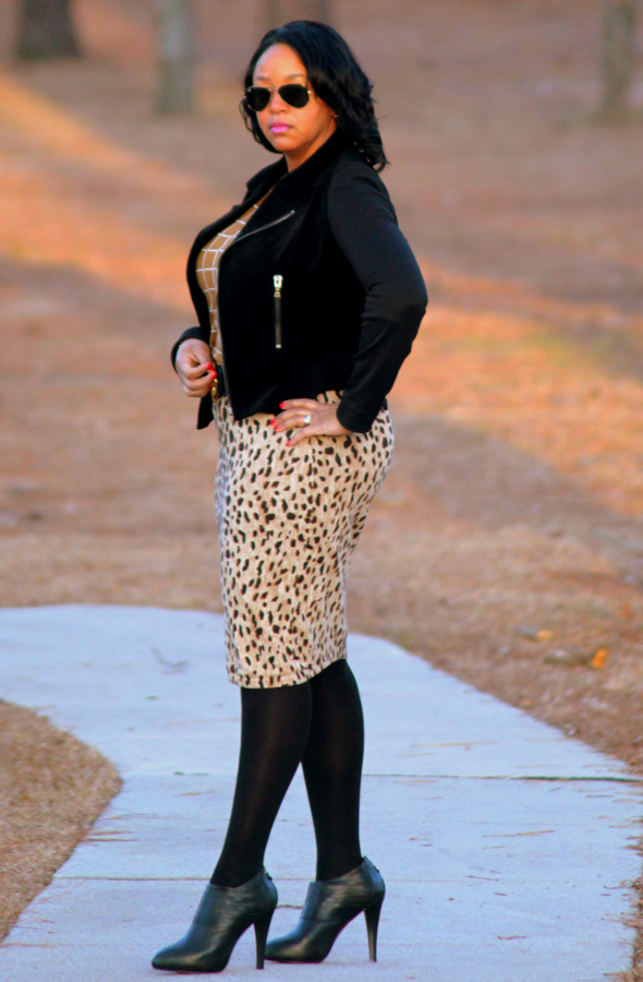 My style - In the woods (Forever 21 grid print top, cheetah print skirt, Tahari velvet moto jacket, Max Studio booties)
