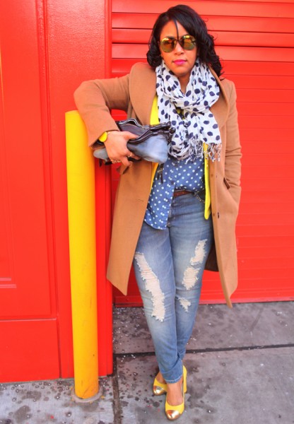 My style: A sunny outlook (polka dot denim top, yellow Style & Co. blazer, distressed denim, J.Crew Etta gold cap toe pumps, Ellen Tracy camel coat, Pietro Alessandro Fold-Over Clutch in tie dye, Icing metallic aviator sunglasses, The Limited polka dot scarf)