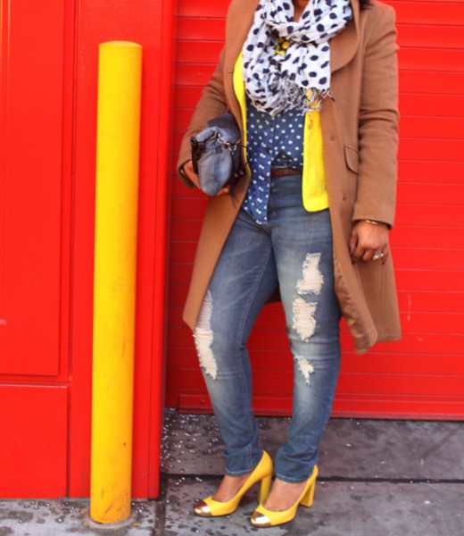 My style: A sunny outlook (polka dot denim top, yellow Style & Co. blazer, distressed denim, J.Crew Etta gold cap toe pumps, Ellen Tracy camel coat, Pietro Alessandro Fold-Over Clutch in tie dye, Icing metallic aviator sunglasses, The Limited polka dot scarf)