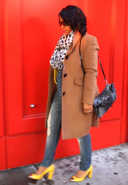 My style: A sunny outlook (polka dot denim top, yellow Style & Co. blazer, distressed denim, J.Crew Etta gold cap toe pumps, Ellen Tracy camel coat, Pietro Alessandro Fold-Over Clutch in tie dye, Icing metallic aviator sunglasses, The Limited polka dot scarf)