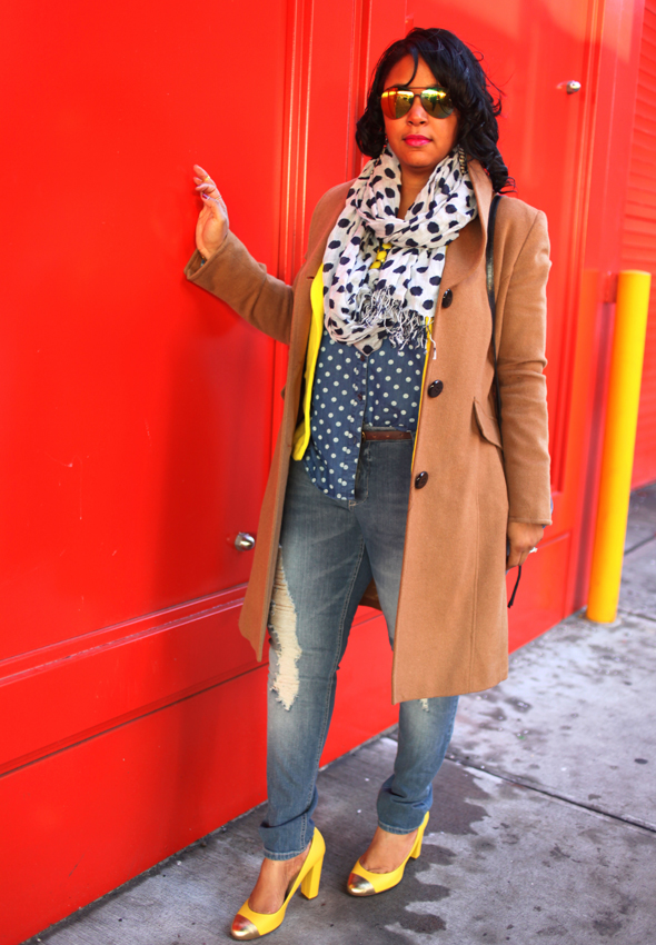 My style: A sunny outlook (polka dot denim top, yellow Style & Co. blazer, distressed denim, J.Crew Etta gold cap toe pumps, Ellen Tracy camel coat, Pietro Alessandro Fold-Over Clutch in tie dye, Icing mirrored aviator sunglasses, The Limited polka dot scarf)
