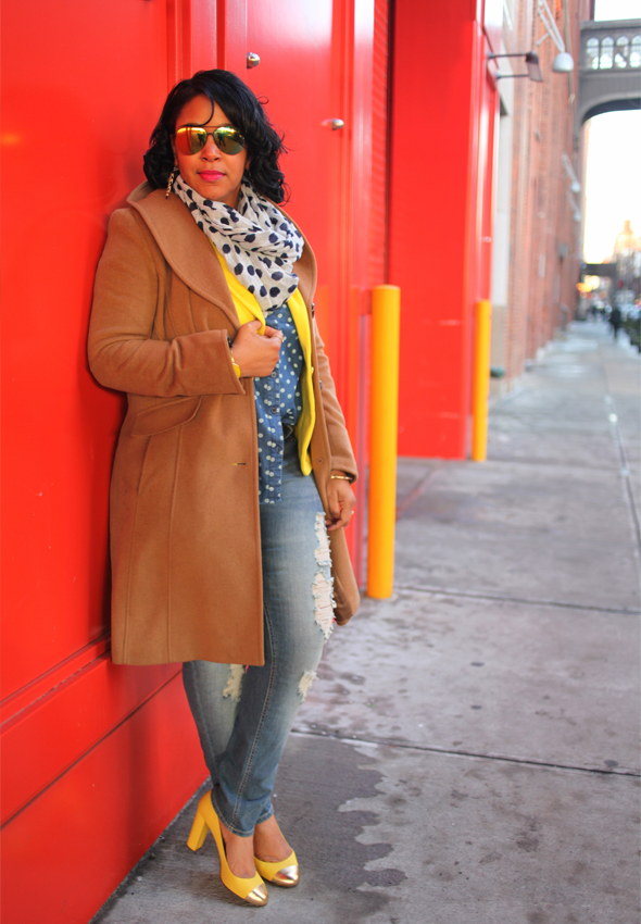 My style: A sunny outlook (polka dot denim top, yellow Style & Co. blazer, distressed denim, J.Crew Etta gold cap toe pumps, Ellen Tracy camel coat, Pietro Alessandro Fold-Over Clutch in tie dye, Icing mirrored aviator sunglasses, The Limited polka dot scarf)