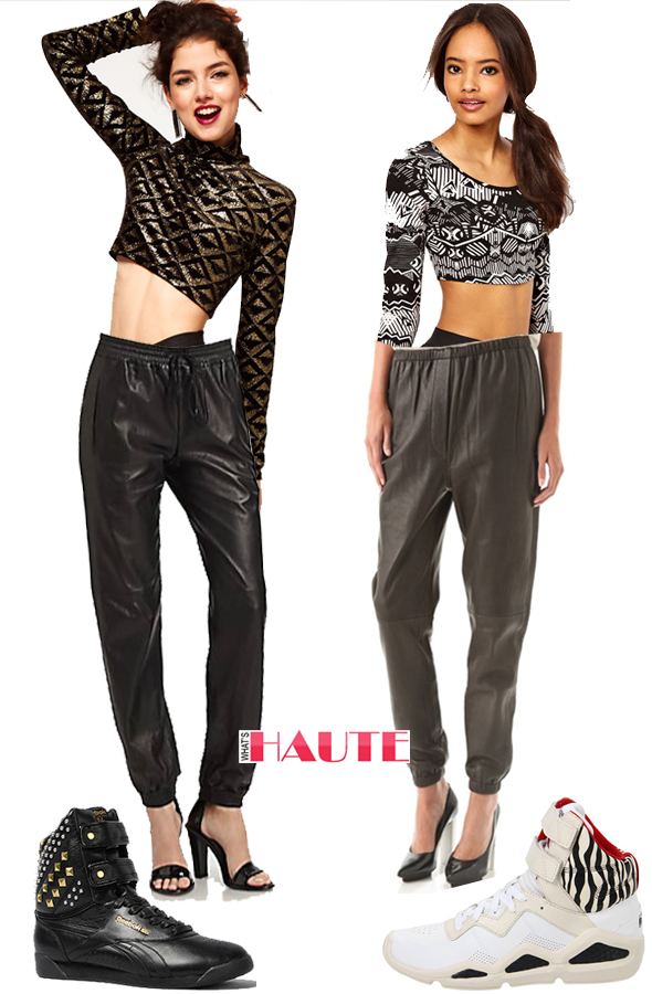 Get her haute look - Alicia Keys in Hervé Léger by Max Azria crop top and leather pants ASOS Crop Top in Velvet with Glitter Print, ASOS PETITE Crop Top In Aztec Print, 3.1 Phillip Lim Leather Sweatpants, Vince Leather Jogging Pants, The Alicia Keys x Reebok Dubble Bubble Studded Sneaker in Black, Reebok - Classic Chi-Kaze