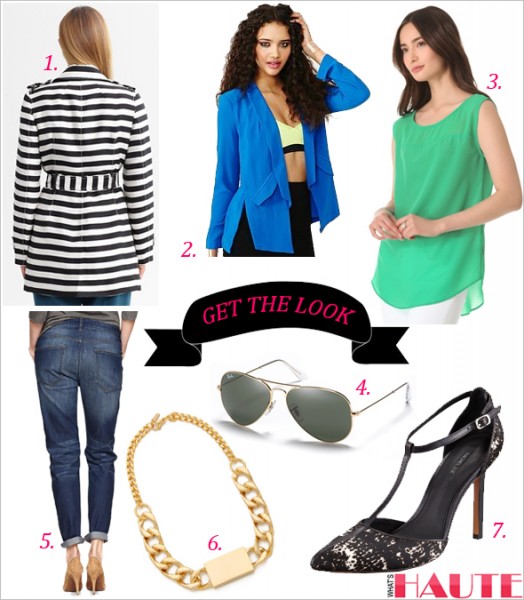 Get the look - Ray-Ban Aviator Sunglasses, BR Monogram striped trench, Nasty Gal Serious Business Blazer, PJK Patterson J. Kincaid Mason High Low Tank, 1969 sexy boyfriend jeans, Rachel Zoe Karolina Calf Hair T-Strap Pump, Nicholas ID Necklace