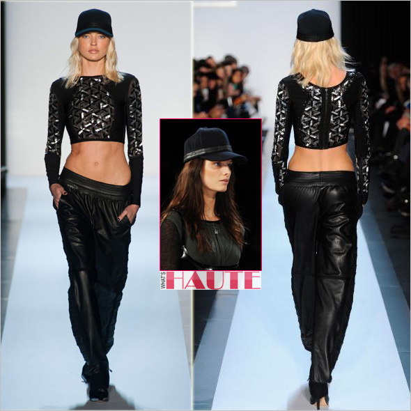 Hervé Léger by Max Azria Fall 2013 - cube print crop top, leather pants and cap