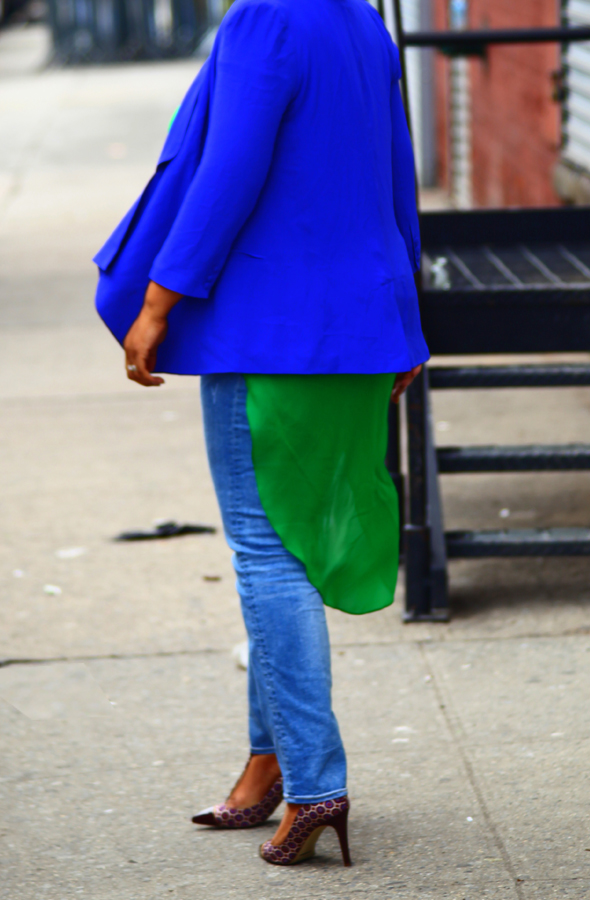 My style: Lazy Sunday (Lush Clothing blue flap blazer, Baublebar Chain ID necklace, Xtaren green hi-lo chiffon top, H&M jeans, J.Crew Everly T-Strap Pumps)