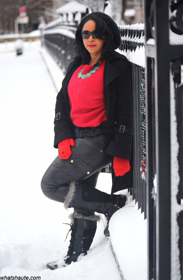 My style: Snow day (lia sophia jewelry + Free People sweater + Tory Burch leather cargo leggings)