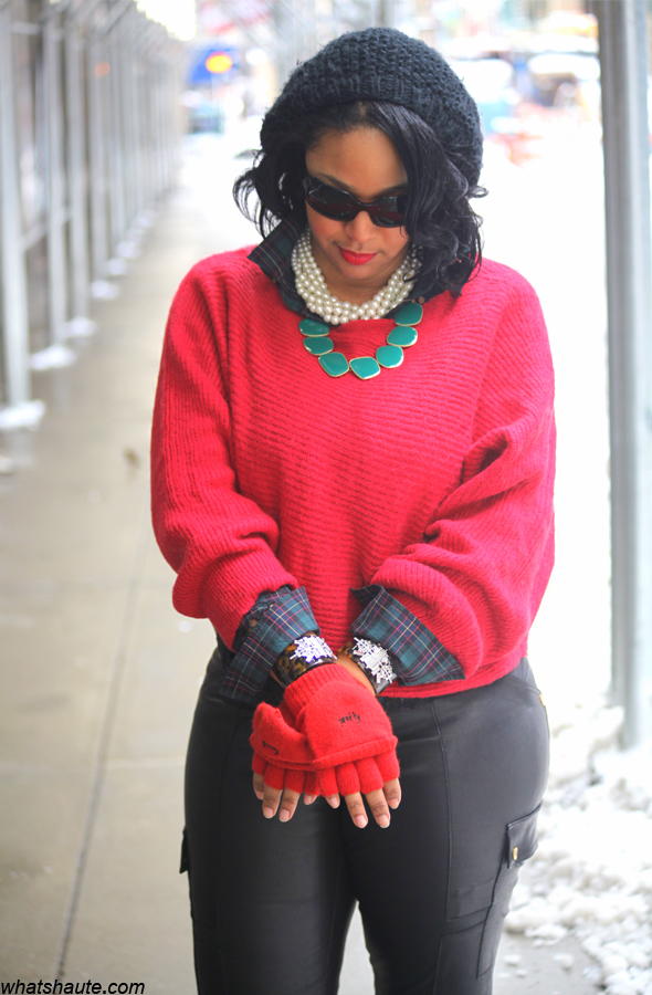 My style: Snow day (lia sophia jewelry + Free People sweater + Tory Burch leather cargo leggings)