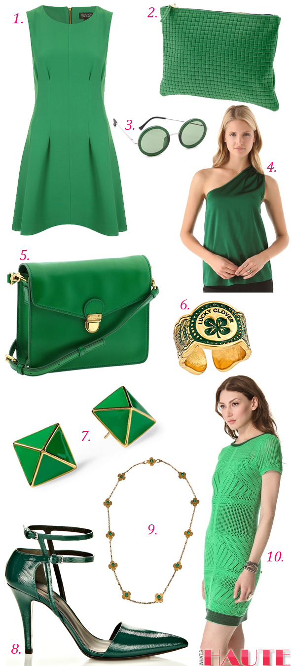 St. Patrick's Day green shopping guide Topshop Seamed Waist Party Dress, Clare Vivier Flat Clutch Deluxe, Linda Farrow for The Row Oversized Round Sunglasses, Ramy Brook Amy One Shoulder Top, Marc by Marc Jacobs Top Chicret Cross Body, Erica Anenberg Lucky Clover Cigar Band Ring, Kate Spade New York Locked in Stud Earrings, Alexander Wang Emma Pumps, Marie-Helene de Taillac Clover necklace, Nanette Lepore Crazy Wild Dress