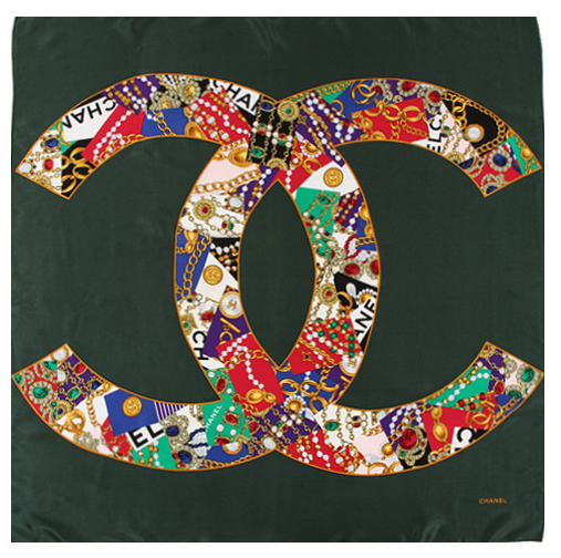Vintage CHANEL Large Jeweled Patterned CC Scarf in Green