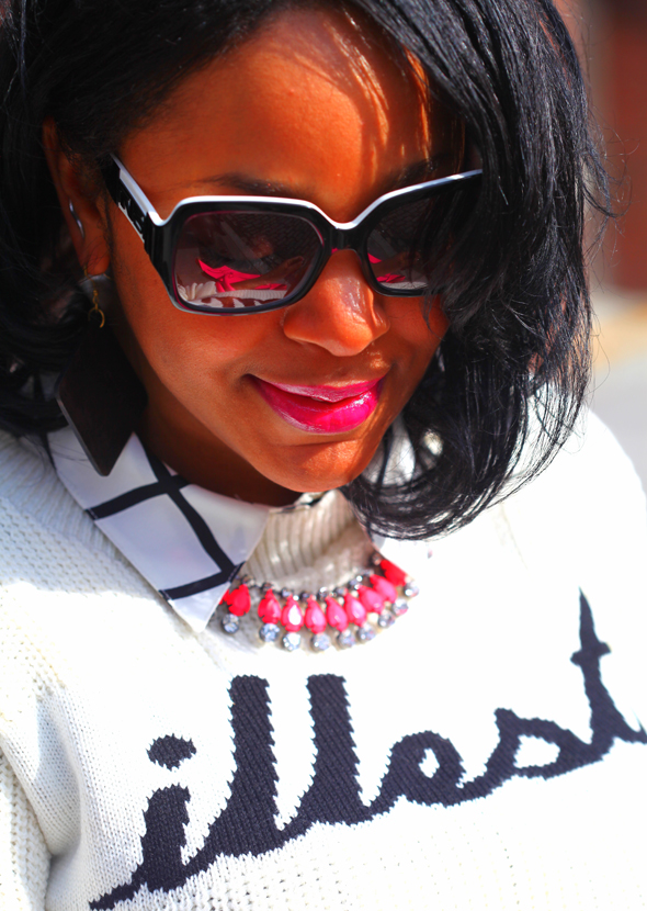 My style: boohoo ‘Illest’ sweater, Forever 21 grid print blouse, H&M neon pink necklace, Muubaa leather skirt, Celine Leather Luggage tote in fluro pink, Hue opaque tights, Kelsi Dagger Cameo Slingback Sandals, black and white Fendi Sunglasses FS 5032