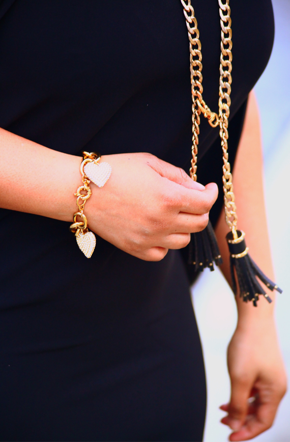 Muse Faux Jacket Dress, Zara fringe belt (worn as necklace), J.Crew Pave heart bracelet