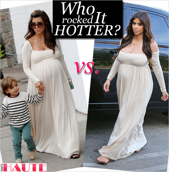 Who rocked it hotter: pregnant Kourtney Kardashian vs. pregnant Kim Kardashian in Rachel Pally Isa dress in cream