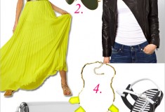 My style: Neon & leather (Leather moto jacket + Victoria’s Secret pleated maxi dress + Bottega Veneta sandals)