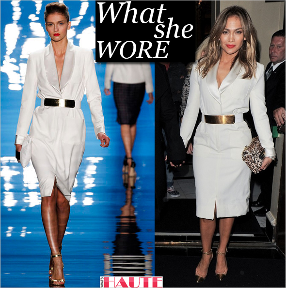 What she wore: Jennifer Lopez in Reem Acra white shawl collar dress with a gold belt, Christian Louboutin Bis Un Bout PVC ankle-strap pumps in gold, Valentino Rockstud Clutch in Leopard-Print Calf Hair & Leather
