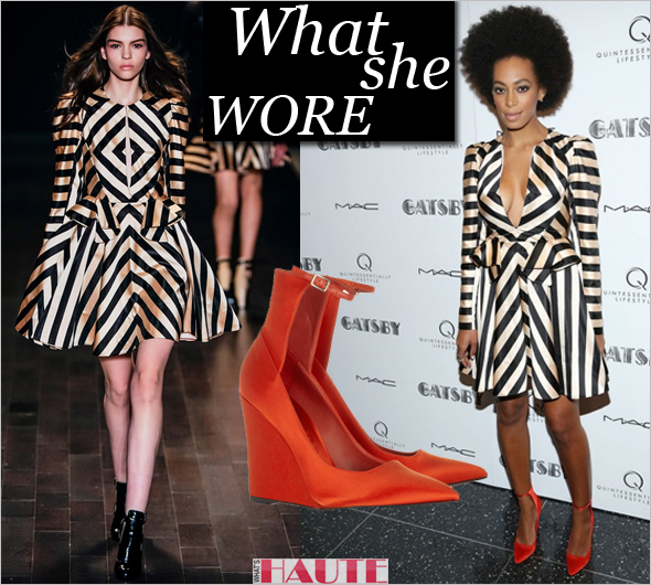 What she wore: Solange Knowles in a Jill Stuart stripe dress and Burberry Prorsum Silk-satin wedge pumps