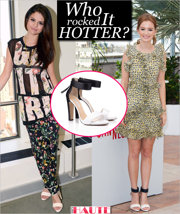 Who rocked it hotter: Selena Gomez vs. Ahna O'Reilly in Bionda Castana Elisabetta Sandals